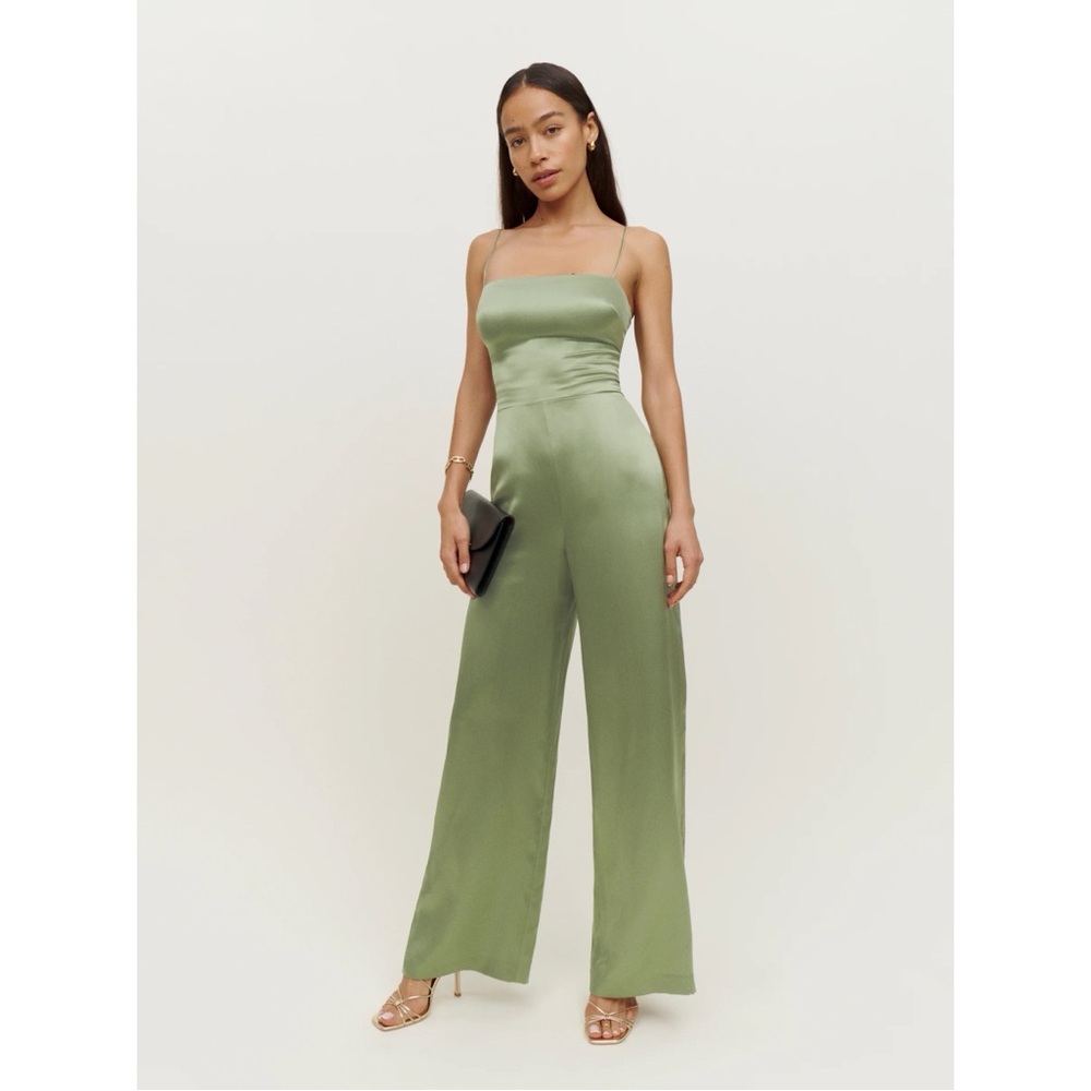 NWT Reformation‎ Sage Silk Jumpsuit in Artichoke